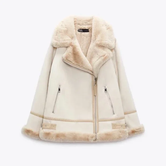 ZARA Women's Faux Suede Double Faced Long Jacket(Ecru, US L/EUR L) - Picture 9 of 16
